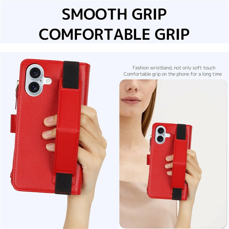 XL-001 For iPhone 16 Case Zipper Pocket Wristband Stand Leather Phone Cover - Red