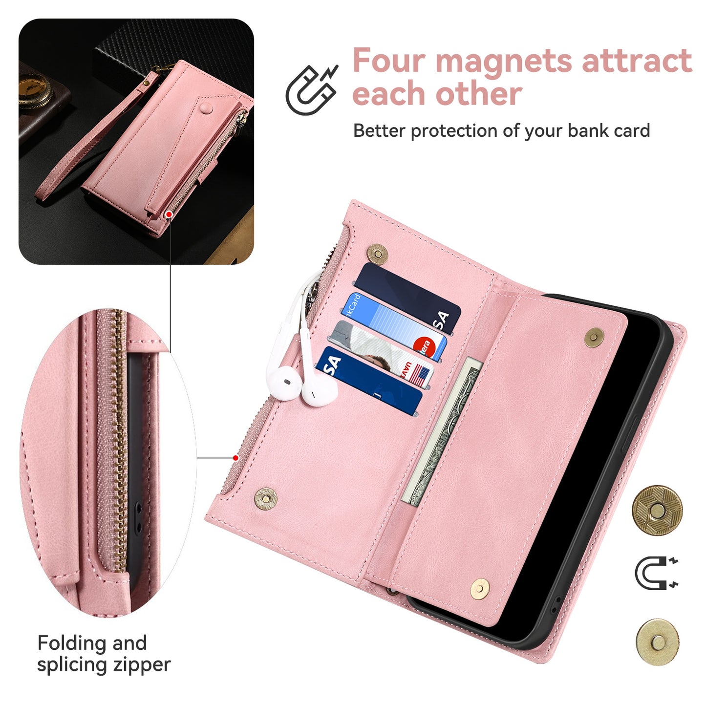 ESEBLE Star Series For Samsung Galaxy A16 5G / A16 4G Case Zipper Wallet Leather Stand Phone Cover - Rose Gold