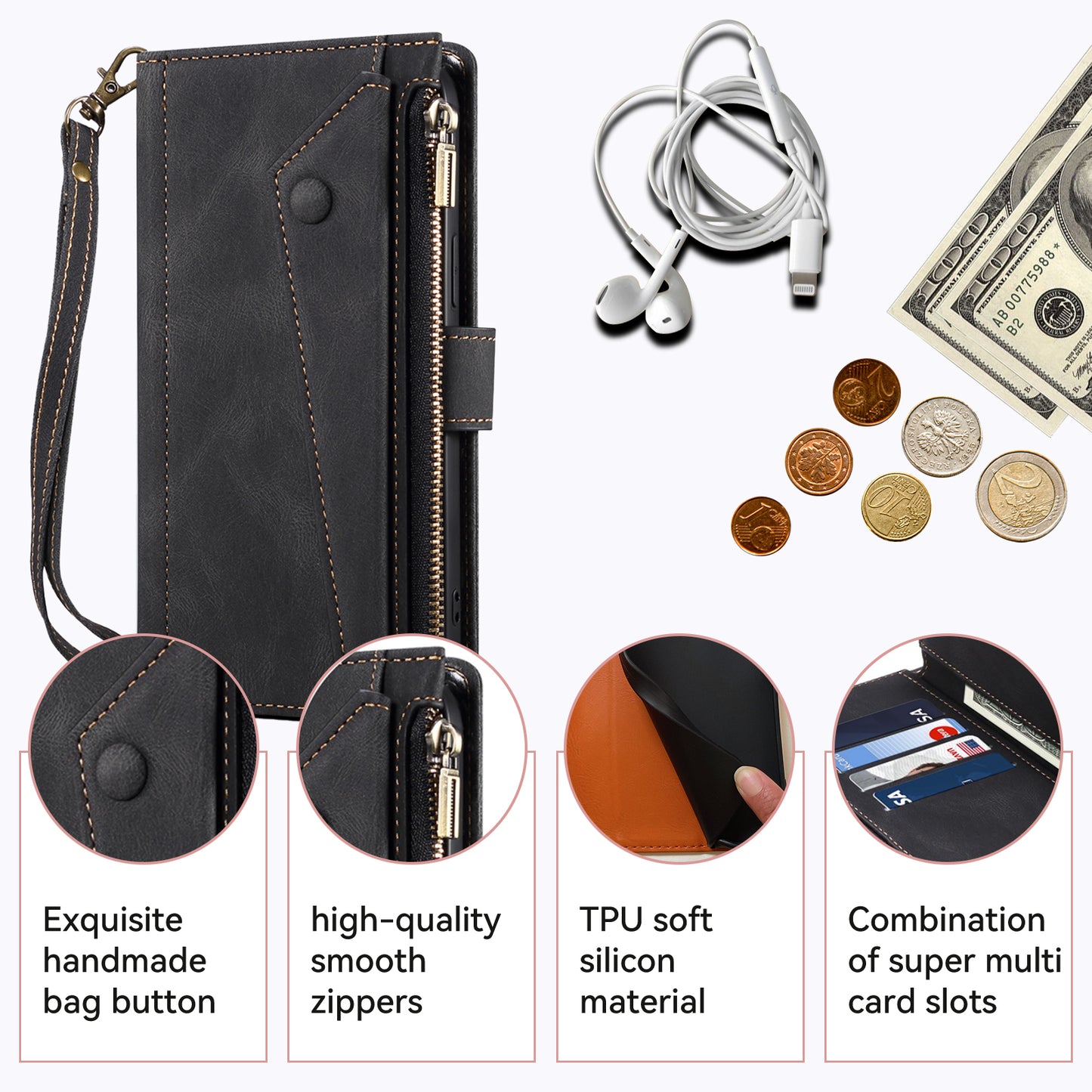 ESEBLE Star Series For Samsung Galaxy A16 5G / A16 4G Case Zipper Wallet Leather Stand Phone Cover - Black