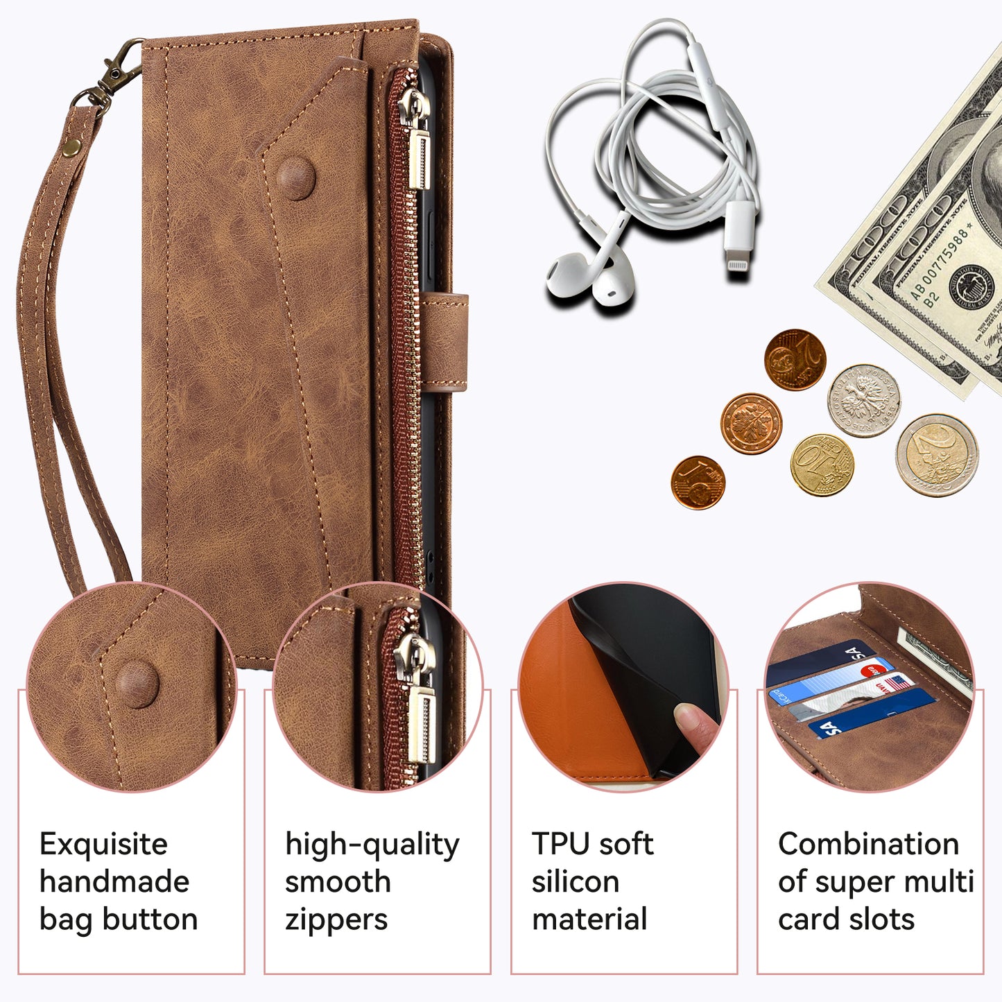 ESEBLE Star Series For Samsung Galaxy A16 5G / A16 4G Case Zipper Wallet Leather Stand Phone Cover - Brown