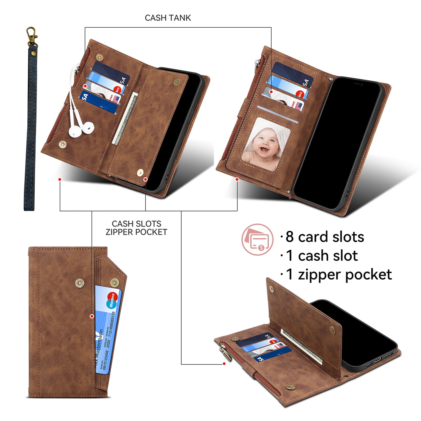 ESEBLE Star Series For Samsung Galaxy A16 5G / A16 4G Case Zipper Wallet Leather Stand Phone Cover - Brown
