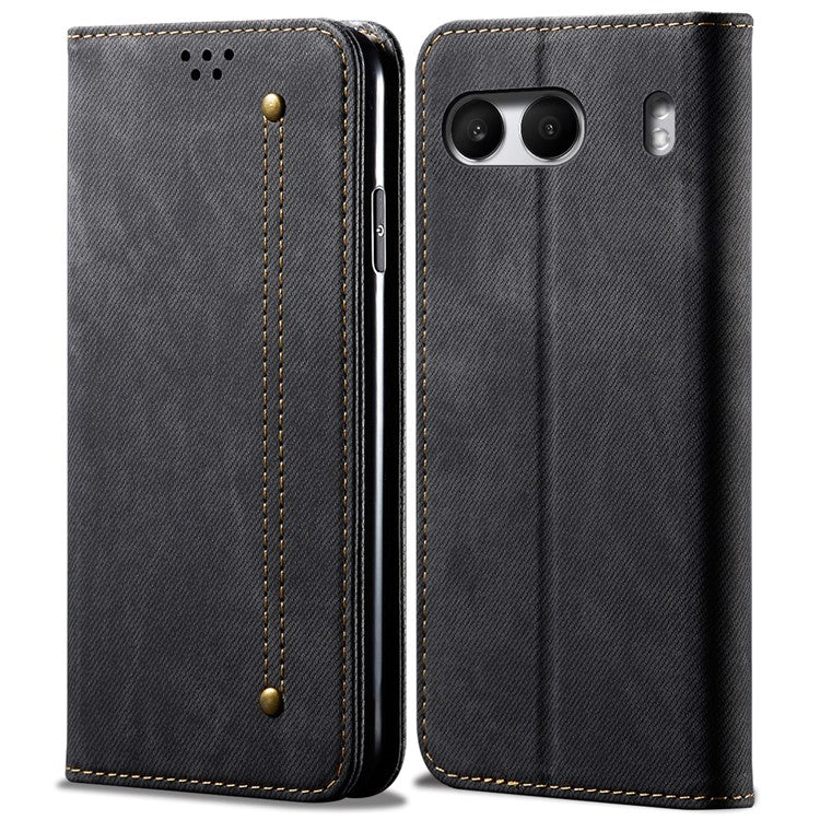 For OnePlus Nord 4 Case Jeans Cloth Texture Anti-Scratch Leather Stand Phone Cover - Black