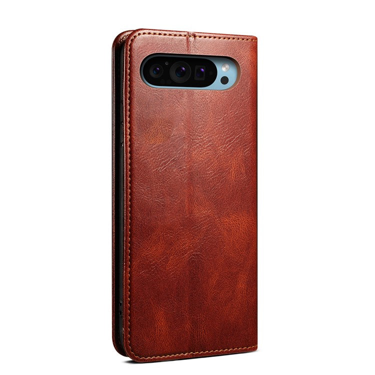 For Google Pixel 9 / Pixel 9 Pro Case Crazy Horse Texture Waxy Leather Wallet Stand Cover - Brown