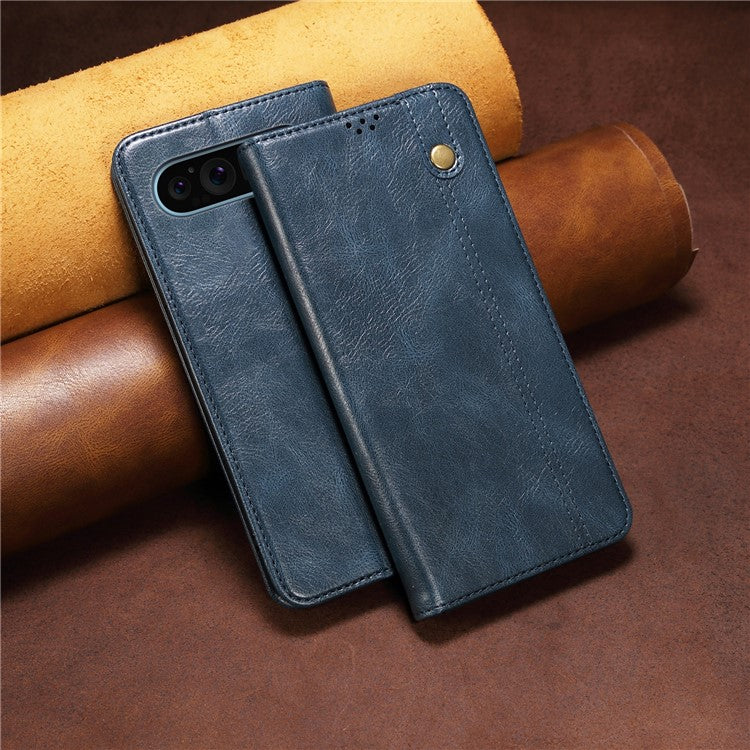 For Google Pixel 9 / Pixel 9 Pro Case Crazy Horse Texture Waxy Leather Wallet Stand Cover - Blue