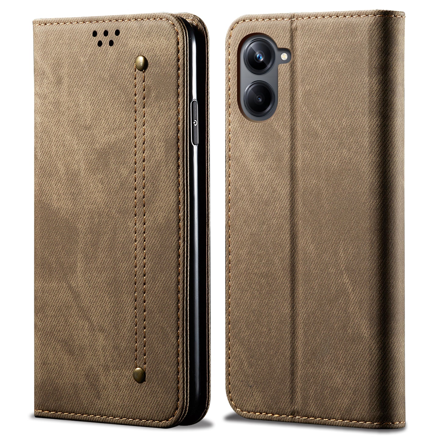 For Samsung Galaxy A06 Case Jeans Cloth Texture Anti-Scratch Leather Stand Phone Cover - Khaki