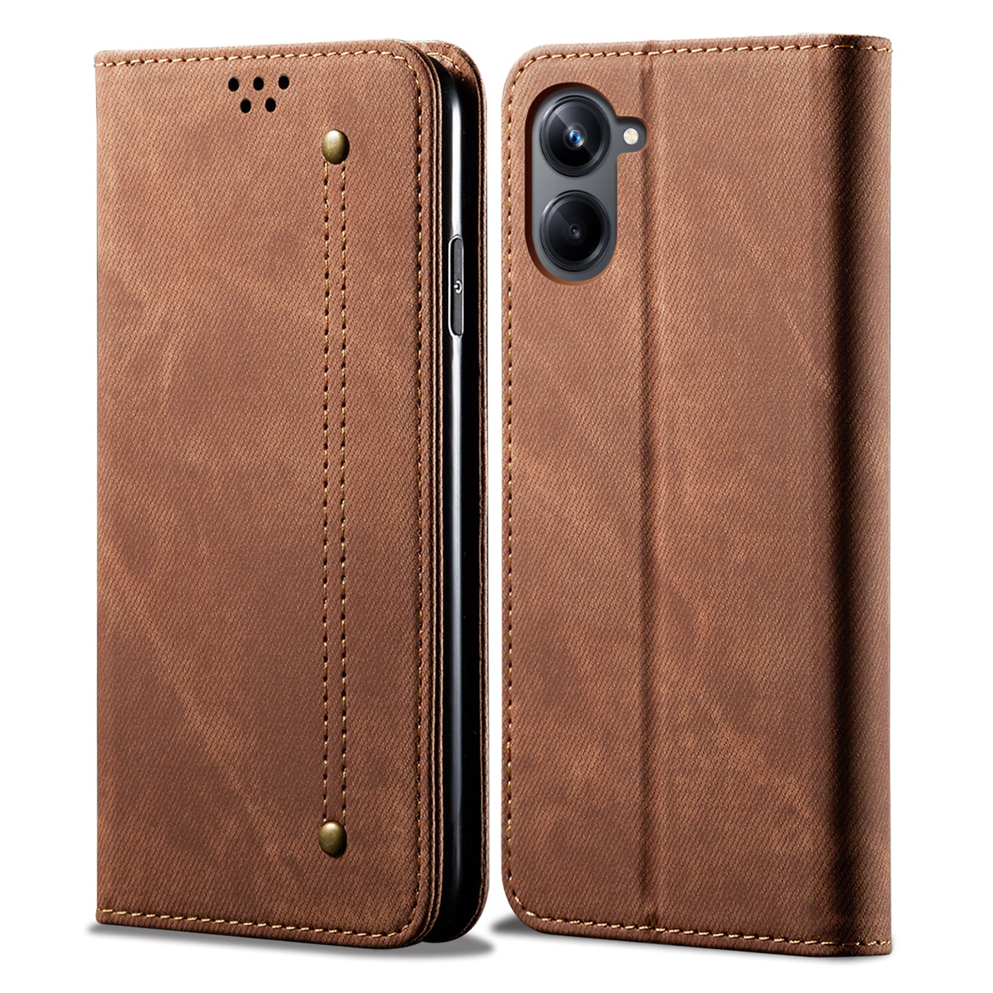 For Samsung Galaxy A06 Case Jeans Cloth Texture Anti-Scratch Leather Stand Phone Cover - Coffee
