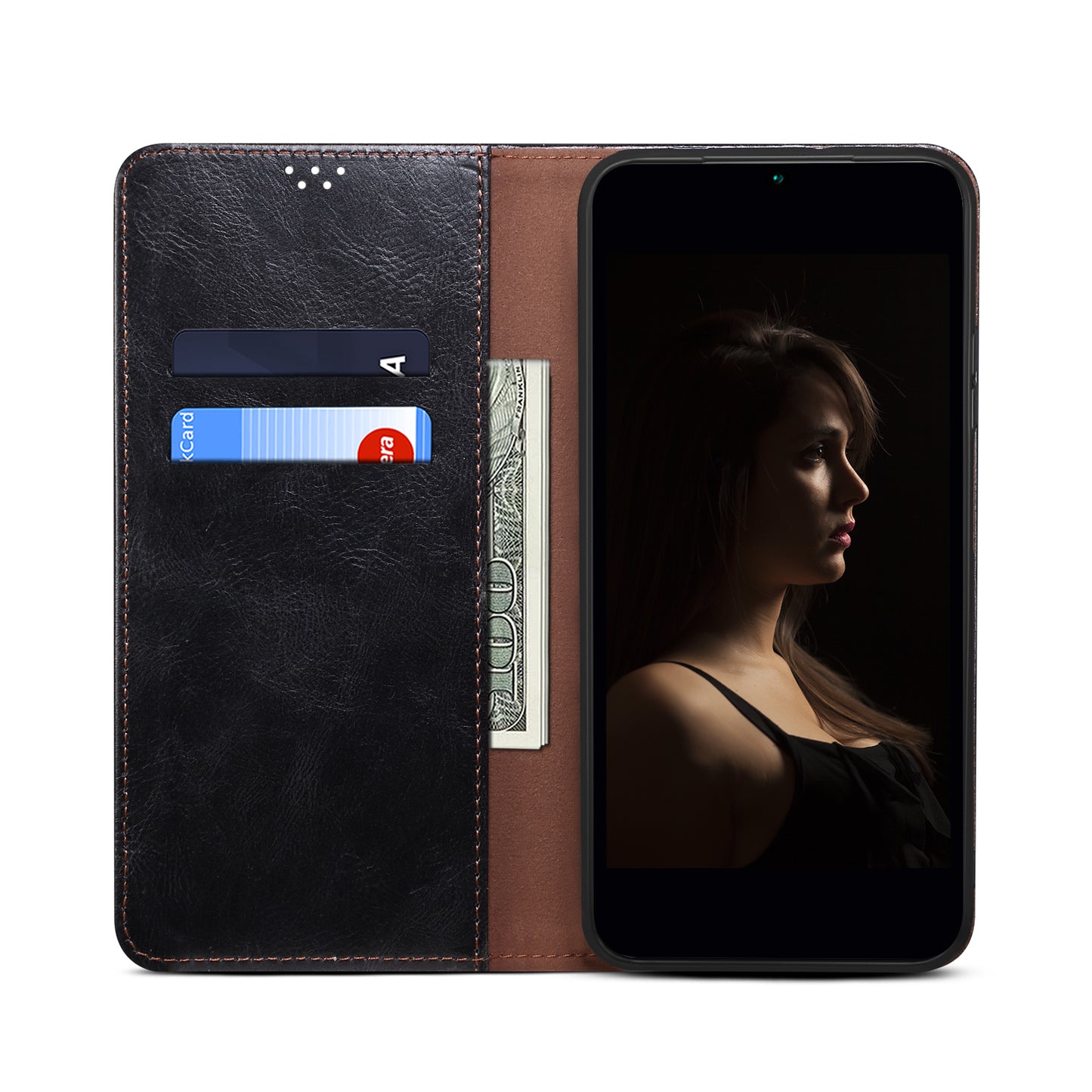 For Samsung Galaxy A06 Case Crazy Horse Texture Waxy Leather Wallet Stand Cover - Black