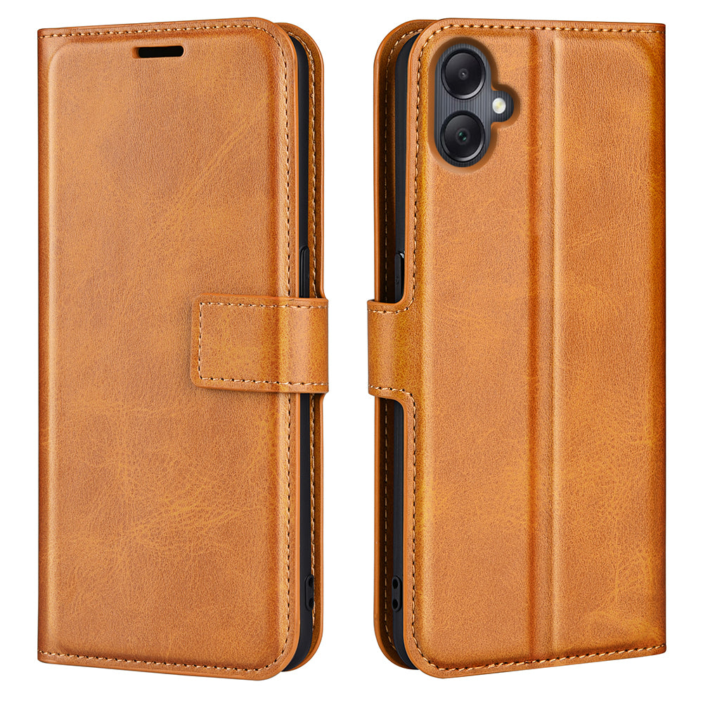 For Samsung Galaxy A06 Stand Case Anti-Scratch Calf Texture Leather Phone Cover - Yellow