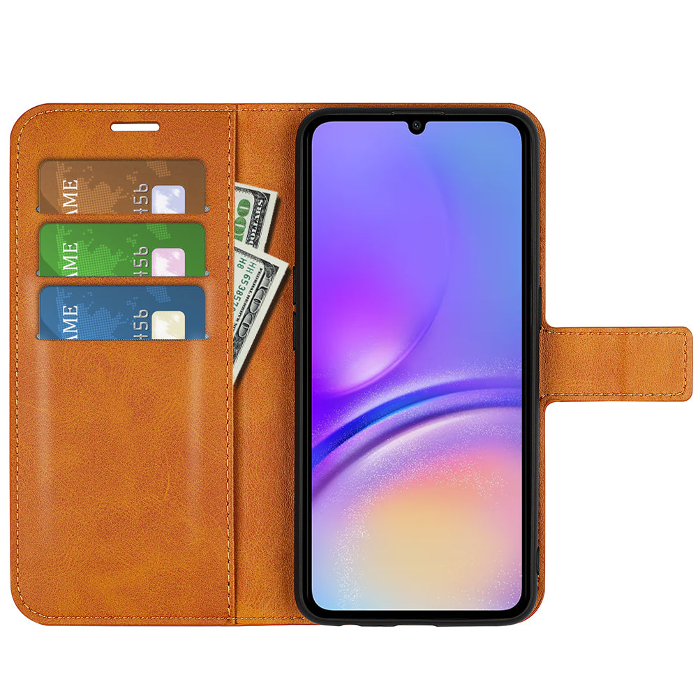 For Samsung Galaxy A06 Stand Case Anti-Scratch Calf Texture Leather Phone Cover - Yellow