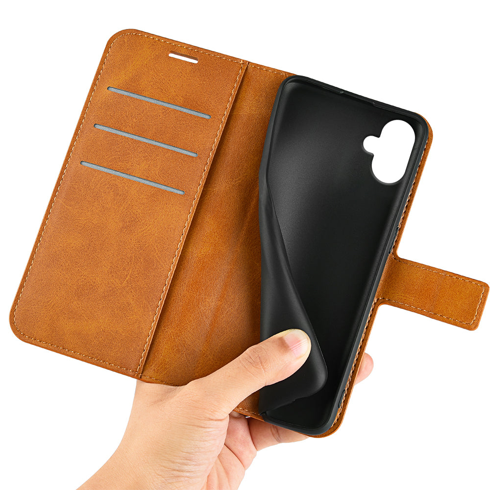 For Samsung Galaxy A06 Stand Case Anti-Scratch Calf Texture Leather Phone Cover - Yellow