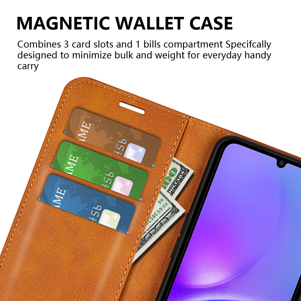 For Samsung Galaxy A06 Stand Case Anti-Scratch Calf Texture Leather Phone Cover - Yellow