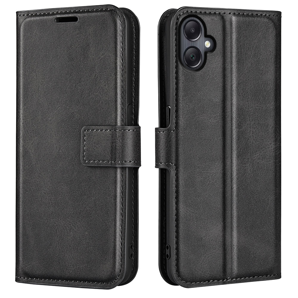 For Samsung Galaxy A06 Stand Case Anti-Scratch Calf Texture Leather Phone Cover - Black