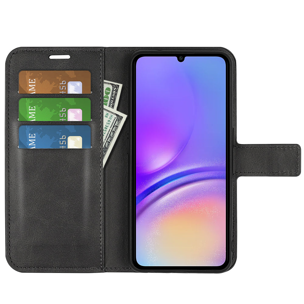 For Samsung Galaxy A06 Stand Case Anti-Scratch Calf Texture Leather Phone Cover - Black