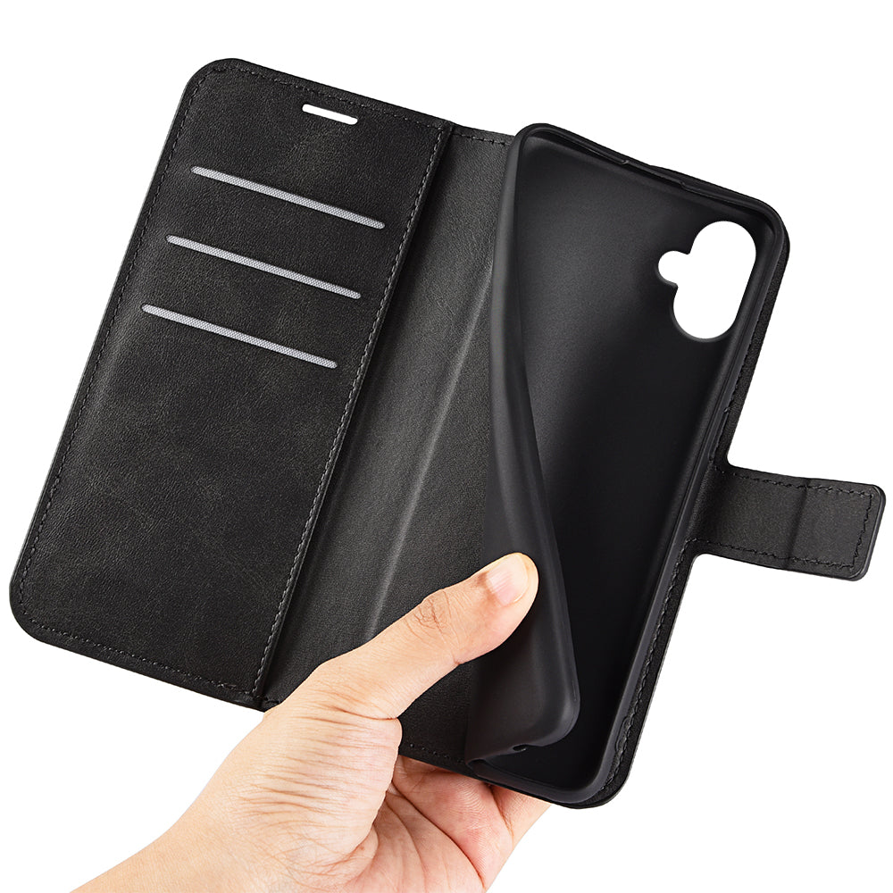 For Samsung Galaxy A06 Stand Case Anti-Scratch Calf Texture Leather Phone Cover - Black