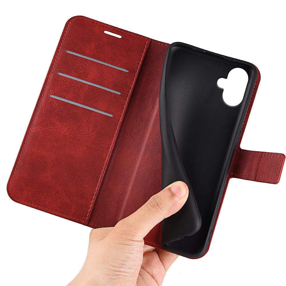 For Samsung Galaxy A06 Stand Case Anti-Scratch Calf Texture Leather Phone Cover - Red