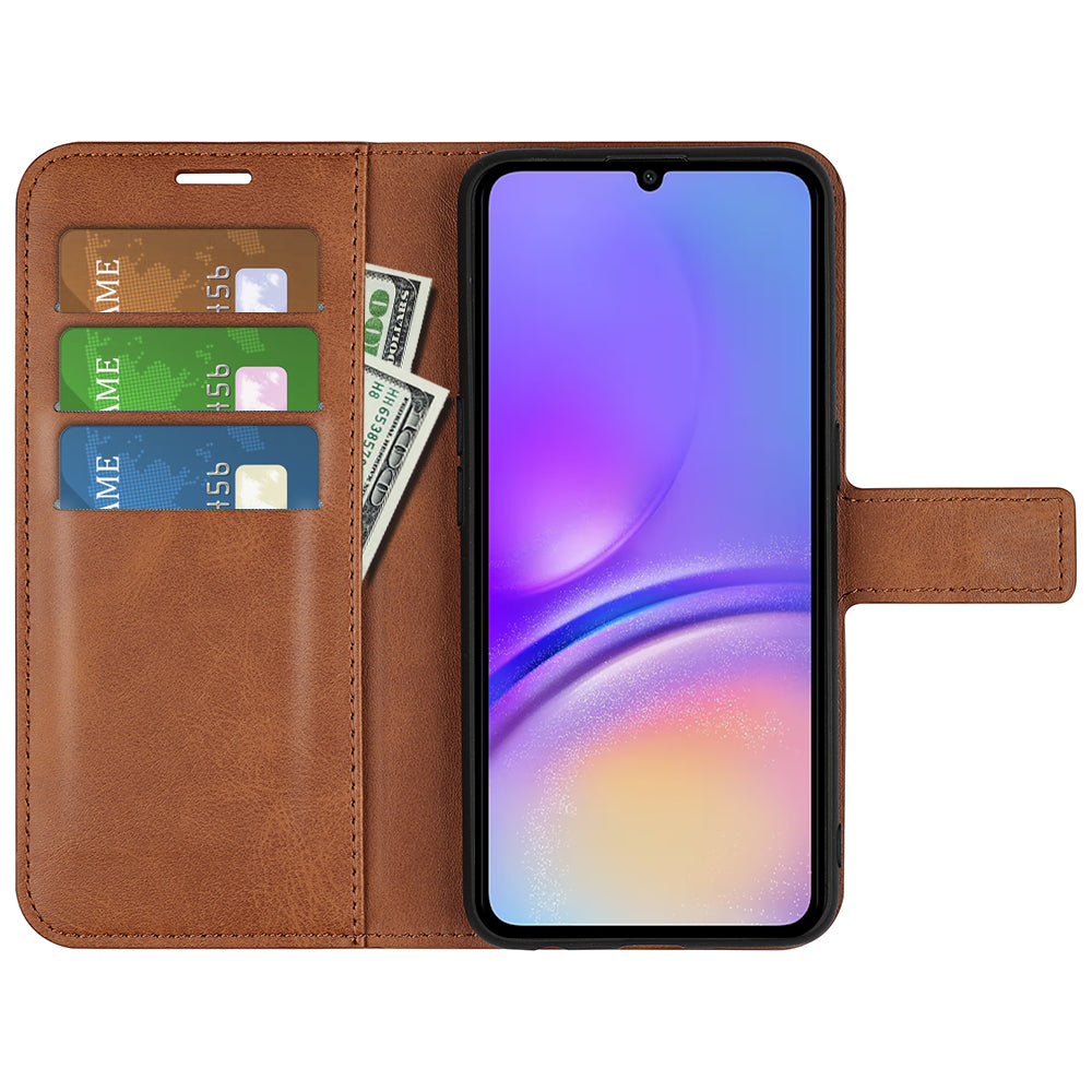 For Samsung Galaxy A06 Stand Case Anti-Scratch Calf Texture Leather Phone Cover - Light Brown