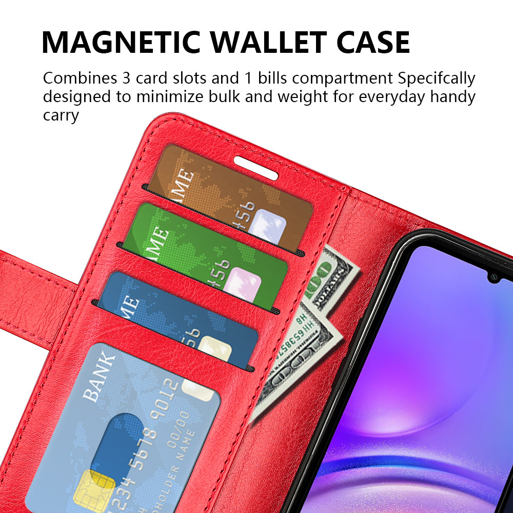 For Samsung Galaxy A06 Wallet Case Crazy Horse Texture Stand Leather Phone Cover - Red