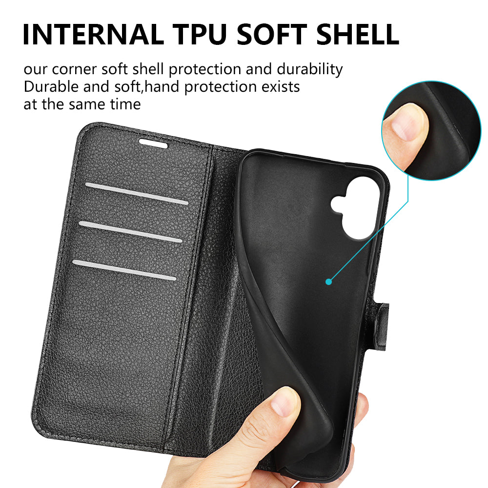 For Samsung Galaxy A06 Case Litchi Texture Shockproof Leather Wallet Phone Cover - Black