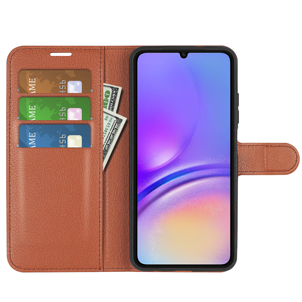 For Samsung Galaxy A06 Case Litchi Texture Shockproof Leather Wallet Phone Cover - Brown