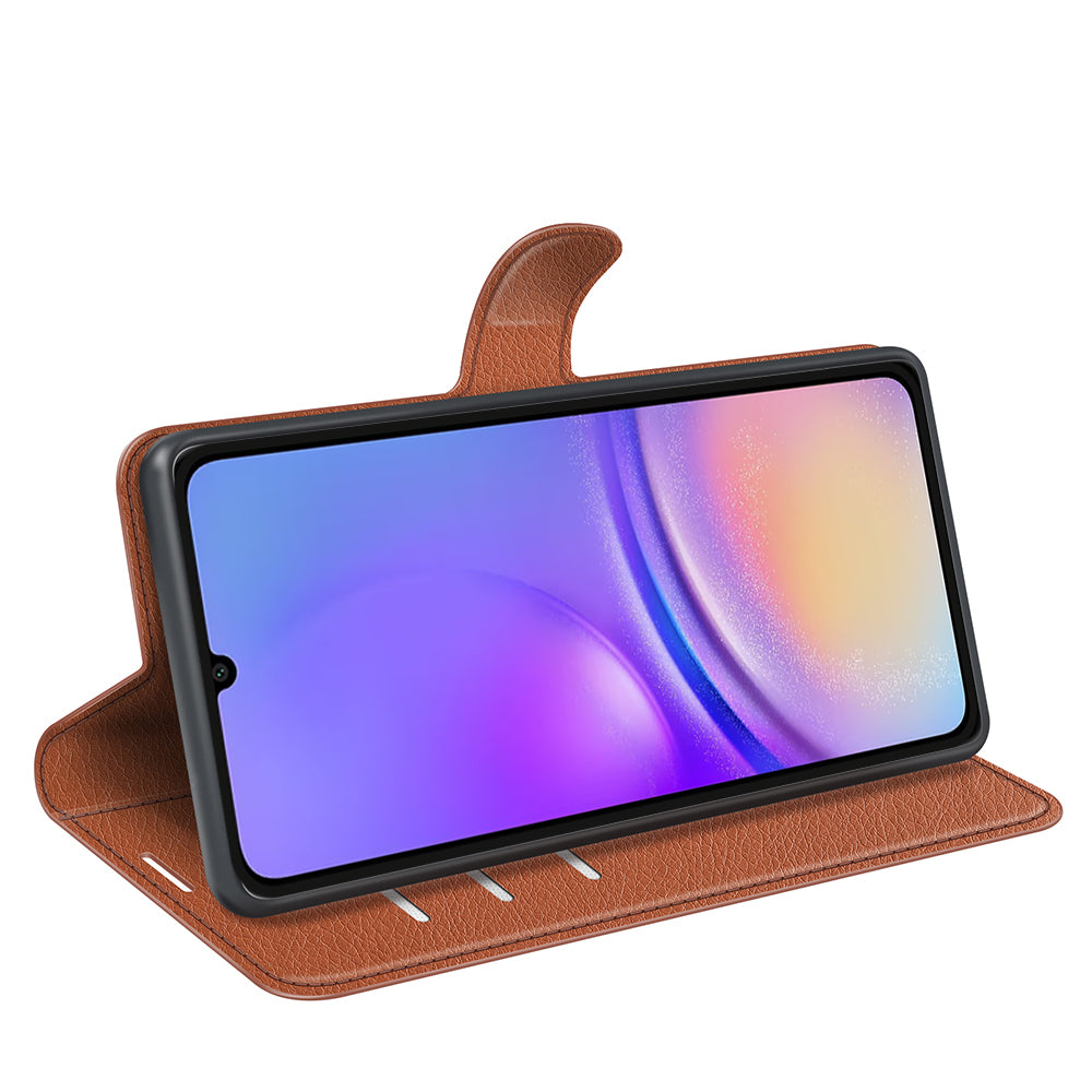 For Samsung Galaxy A06 Case Litchi Texture Shockproof Leather Wallet Phone Cover - Brown