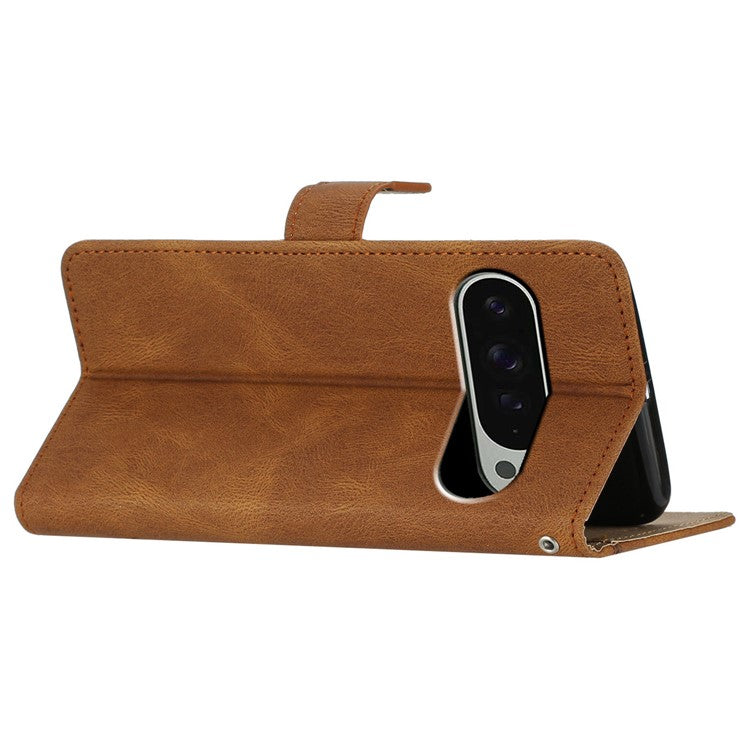 For Google Pixel 9 / 9 Pro Case Crazy Horse Texture PU Leather Wallet Stand Phone Cover - Brown