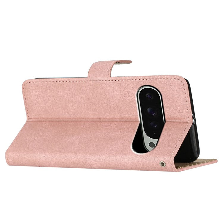 For Google Pixel 9 / 9 Pro Case Crazy Horse Texture PU Leather Wallet Stand Phone Cover - Pink