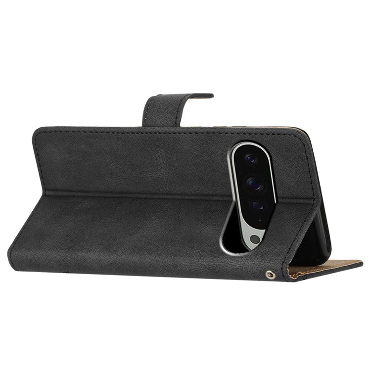 For Google Pixel 9 Pro XL Case Crazy Horse Texture PU Leather Wallet Stand Phone Cover - Black