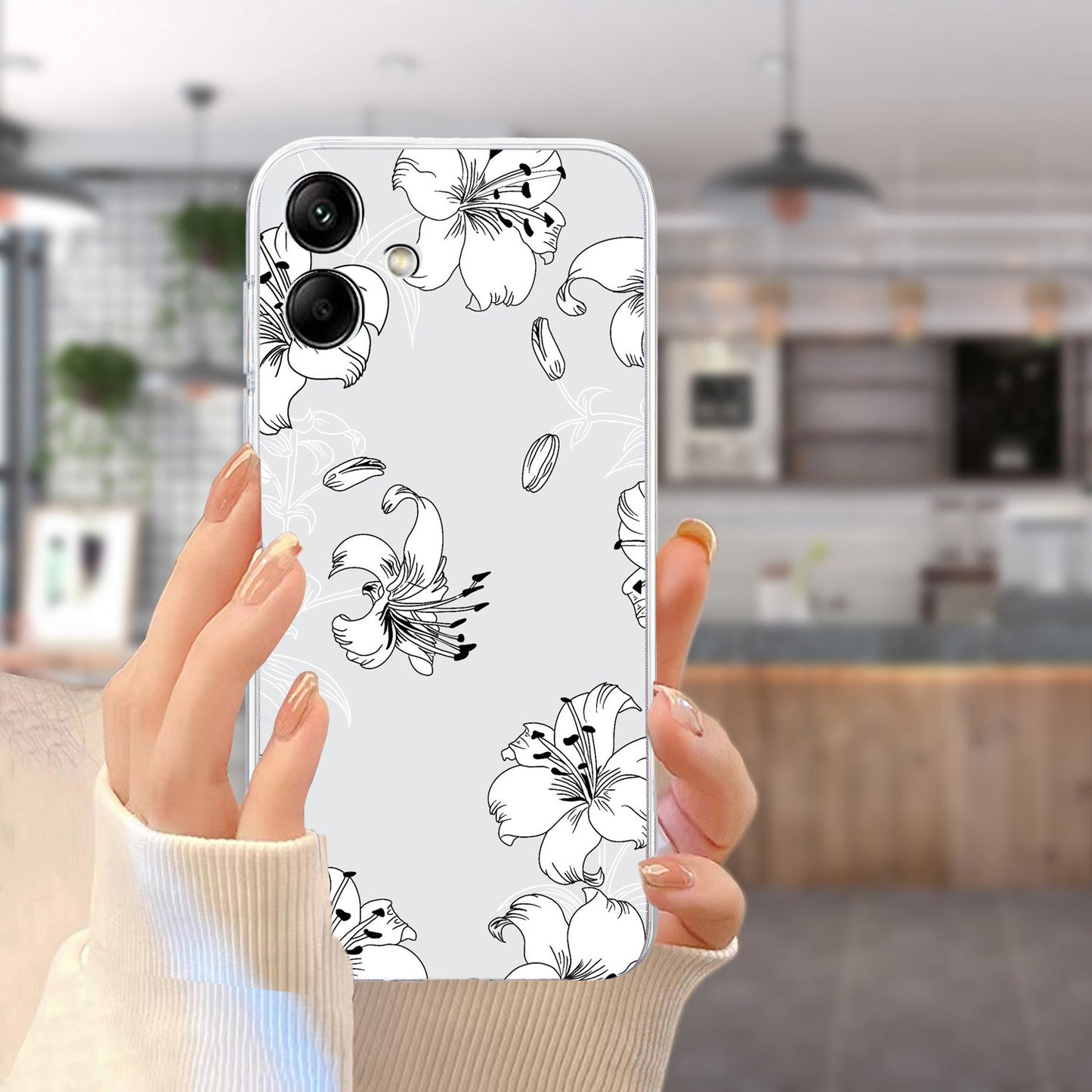 For Samsung Galaxy A06 Case Pattern Printing Soft TPU Back Phone Cover - Line White Flower