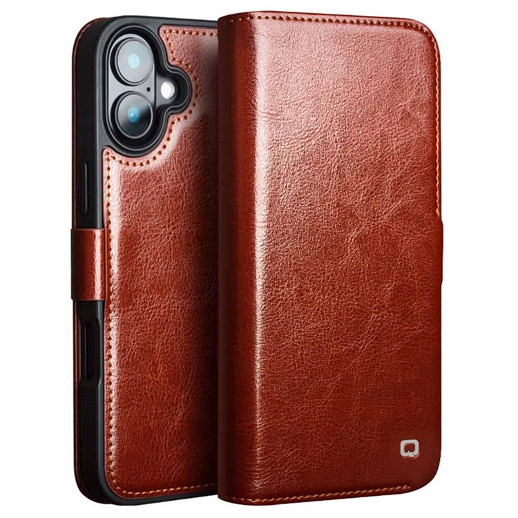 QIALINO For iPhone 16 Plus Case TPU+Genuine Cow Leather Wallet Phone Cover - Brown