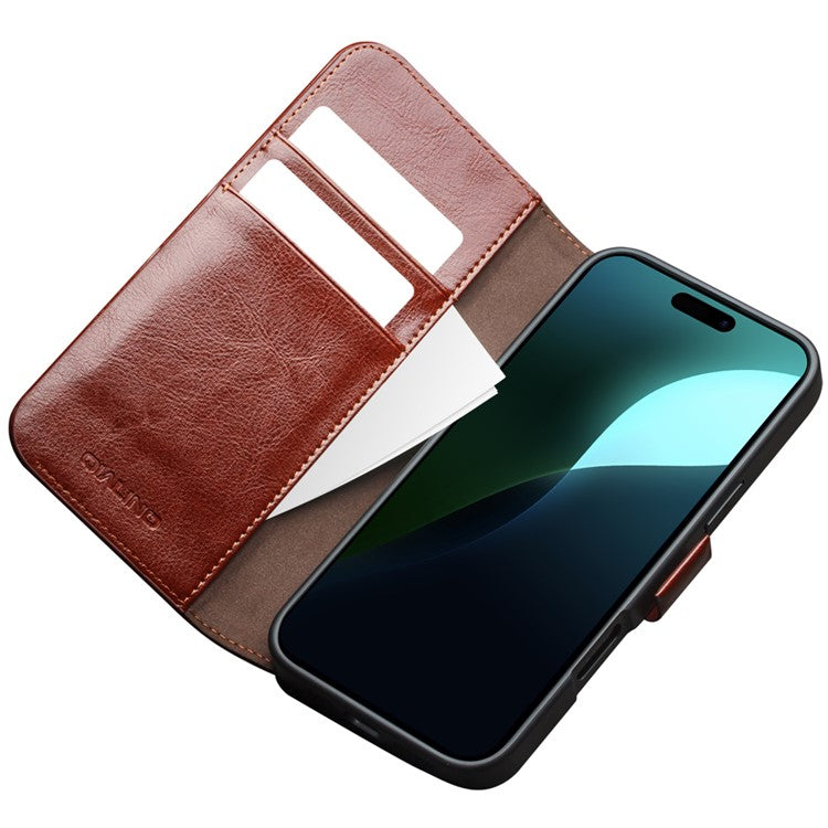 QIALINO For iPhone 16 Plus Case TPU+Genuine Cow Leather Wallet Phone Cover - Brown