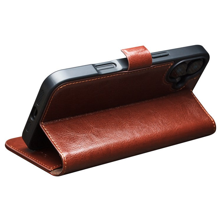 QIALINO For iPhone 16 Plus Case TPU+Genuine Cow Leather Wallet Phone Cover - Brown