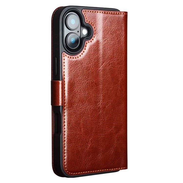 QIALINO For iPhone 16 Plus Case TPU+Genuine Cow Leather Wallet Phone Cover - Brown