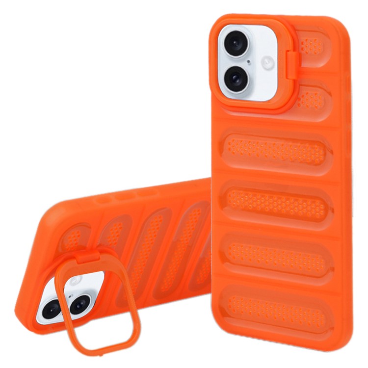For iPhone 16 Case Heat Dissipation Kickstand Airbags Anti-Drop TPU+PC Phone Cover - Transparent Orange