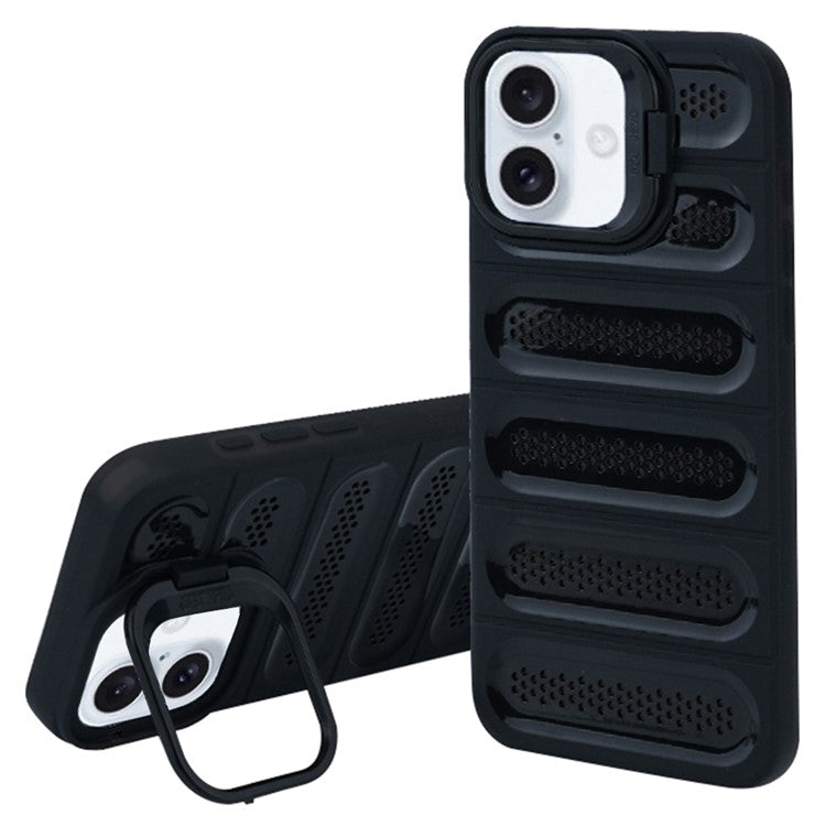 For iPhone 16 Case Heat Dissipation Kickstand Airbags Anti-Drop TPU+PC Phone Cover - Transparent Black