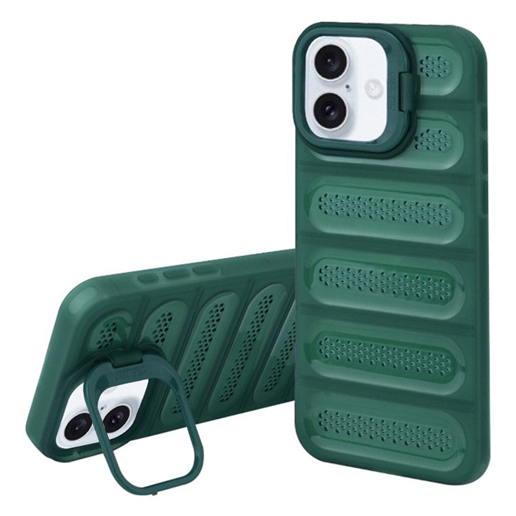 For iPhone 16 Case Heat Dissipation Kickstand Airbags Anti-Drop TPU+PC Phone Cover - Transparent Green