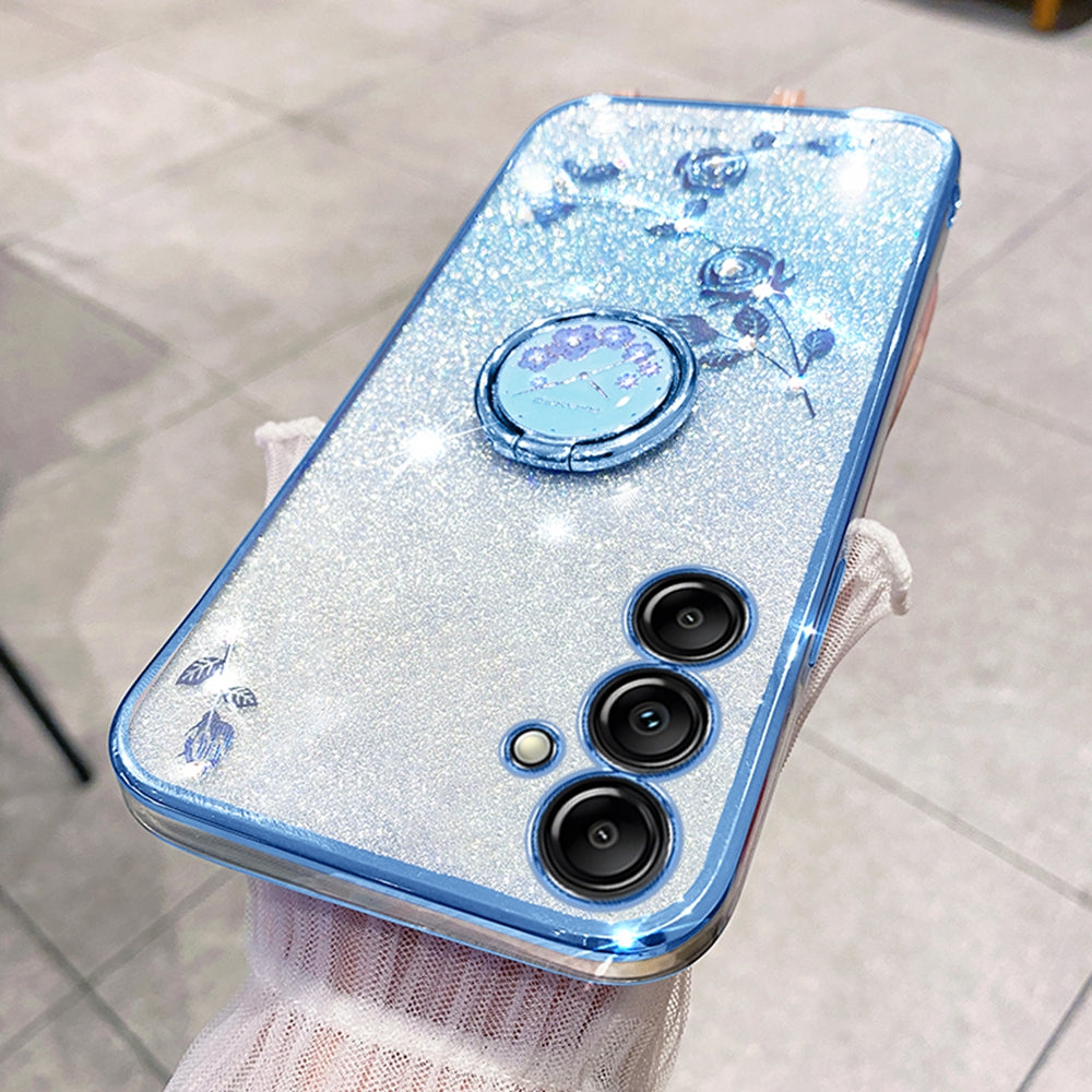 KADEM For Samsung Galaxy A16 5G / A16 4G 5G Case Ring Kickstand TPU Flowers Phone Cover Gradient Glitter - Blue