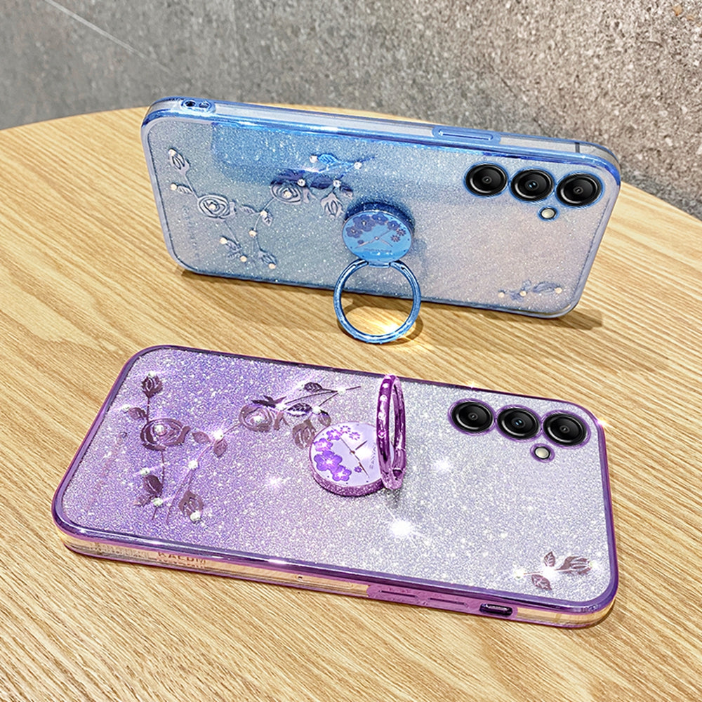 KADEM For Samsung Galaxy A16 5G / A16 4G 5G Case Ring Kickstand TPU Flowers Phone Cover Gradient Glitter - Blue