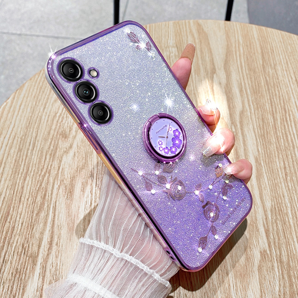 KADEM For Samsung Galaxy A16 5G / A16 4G 5G Case Ring Kickstand TPU Flowers Phone Cover Gradient Glitter - Purple