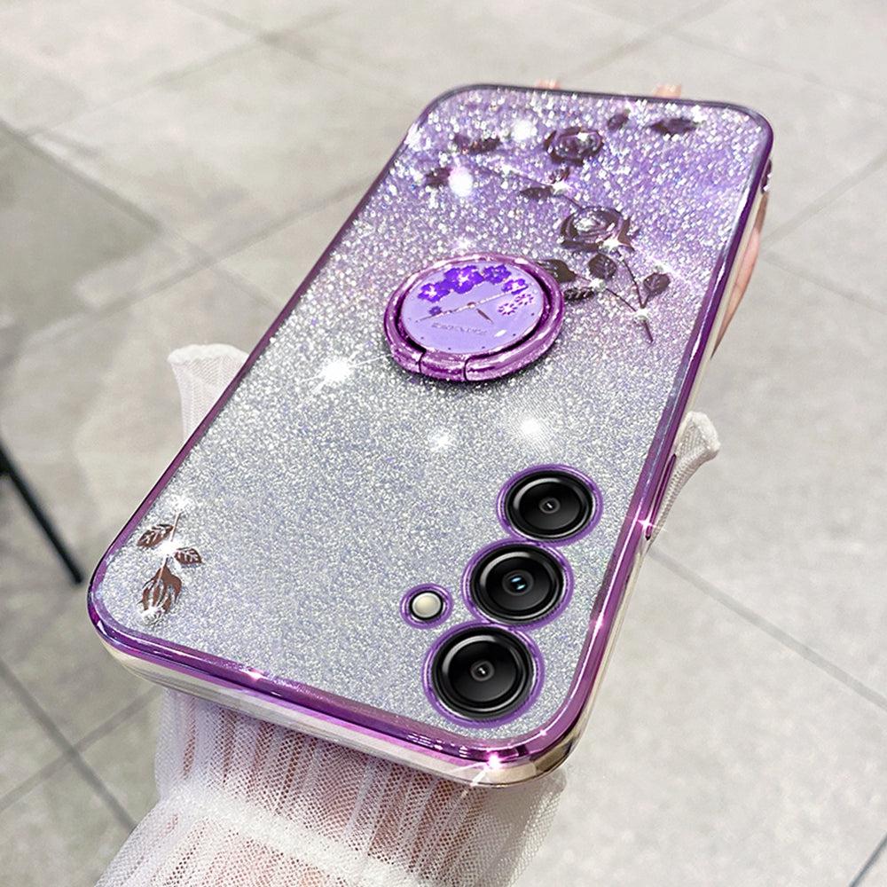 KADEM For Samsung Galaxy A16 5G / A16 4G 5G Case Ring Kickstand TPU Flowers Phone Cover Gradient Glitter - Purple