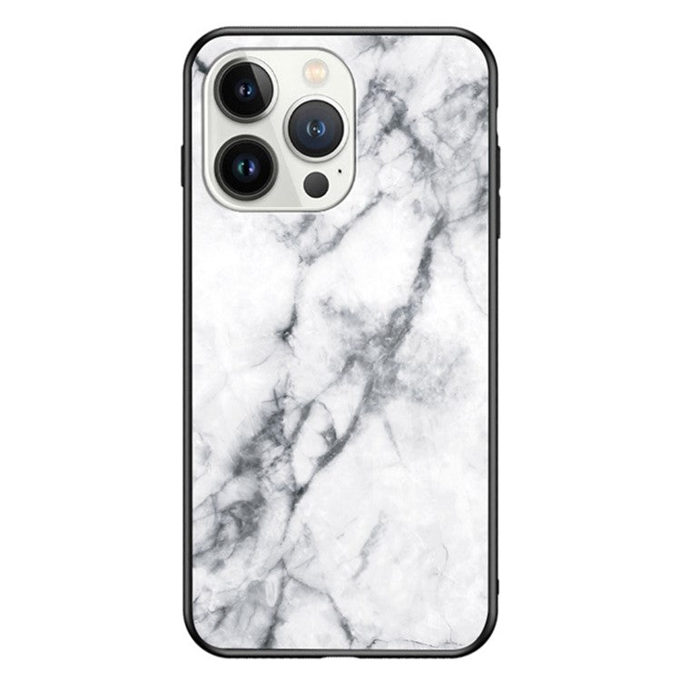 For iPhone 16 Pro Case Marble Pattern Tempered Glass+PC+TPU Protective Phone Cover - White Marble