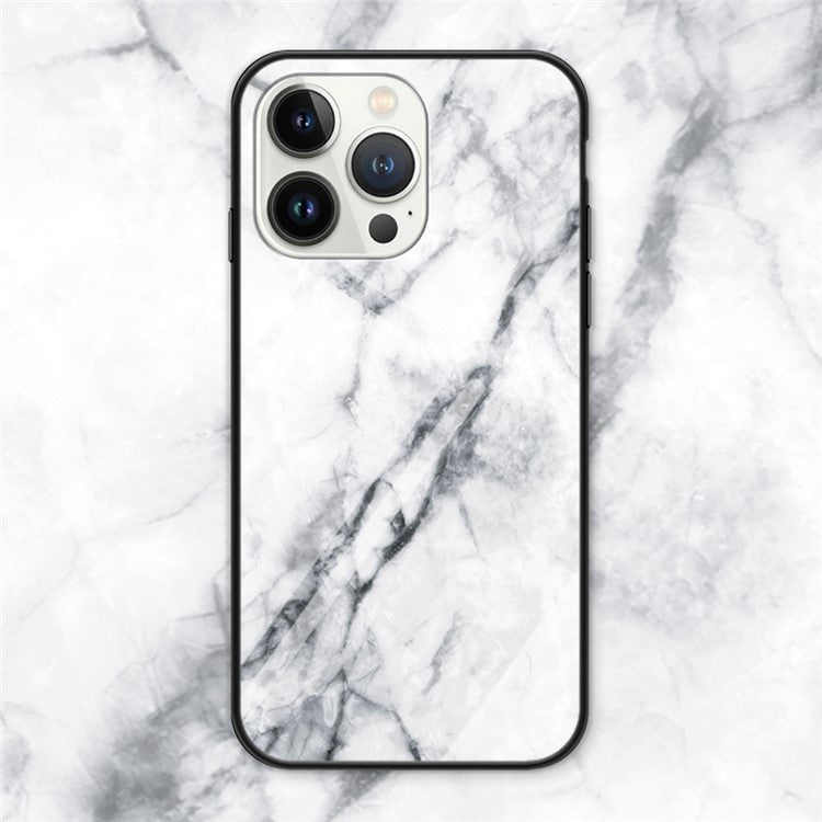 For iPhone 16 Pro Case Marble Pattern Tempered Glass+PC+TPU Protective Phone Cover - White Marble