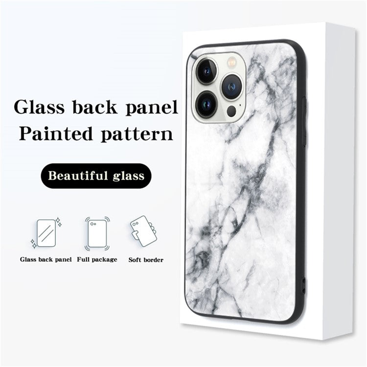 For iPhone 16 Pro Case Marble Pattern Tempered Glass+PC+TPU Protective Phone Cover - White Marble