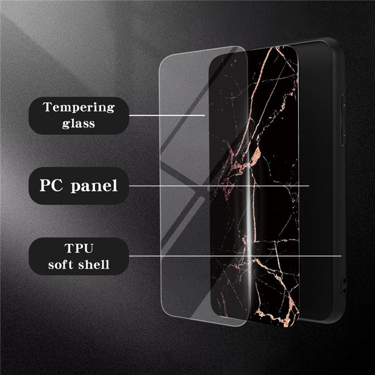 For iPhone 16 Pro Case Marble Pattern Tempered Glass+PC+TPU Protective Phone Cover - White Marble