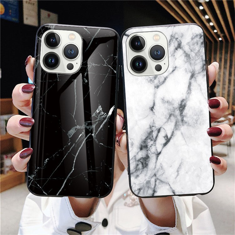 For iPhone 16 Pro Case Marble Pattern Tempered Glass+PC+TPU Protective Phone Cover - White Marble