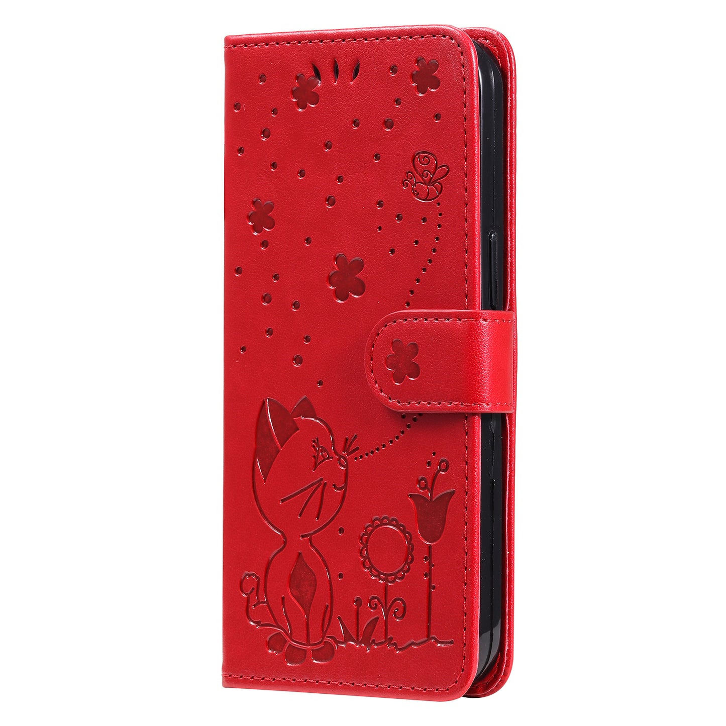 KT Imprinting Flower Series-4 For Samsung Galaxy A16 5G / A16 4G Case Cat Bee Pattern Flip Leather Phone Cover - Red
