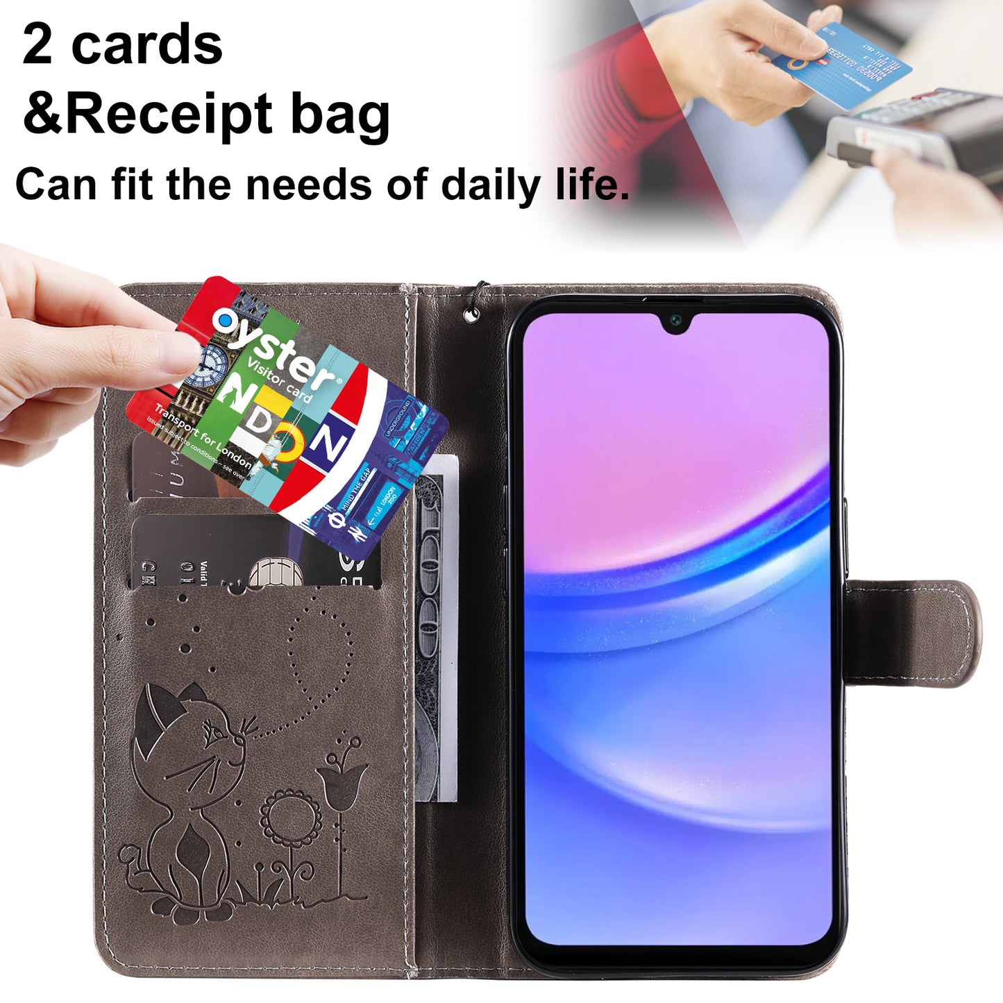 KT Imprinting Flower Series-4 For Samsung Galaxy A16 5G / A16 4G Case Cat Bee Pattern Flip Leather Phone Cover - Grey