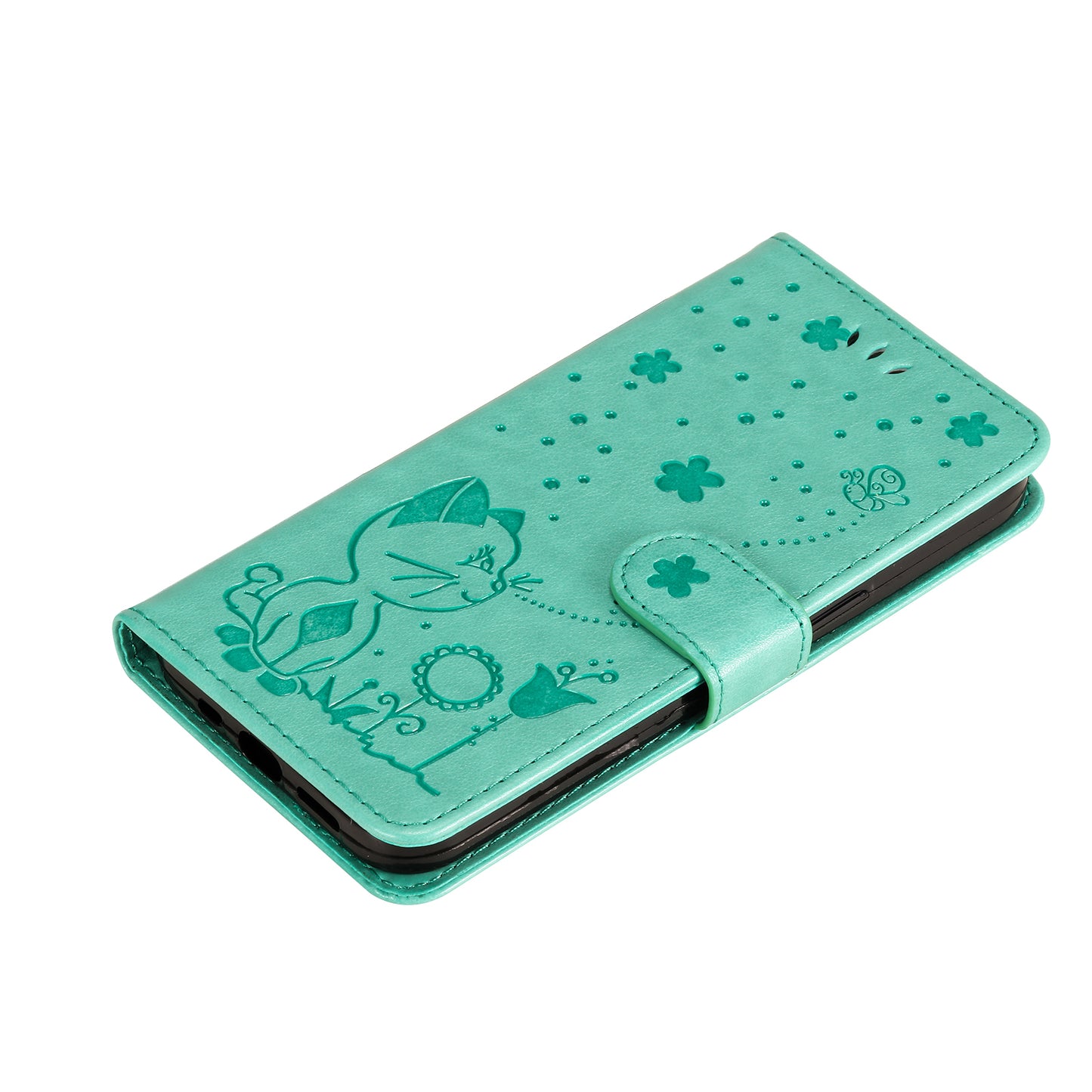 KT Imprinting Flower Series-4 For Samsung Galaxy A16 5G / A16 4G Case Cat Bee Pattern Flip Leather Phone Cover - Green