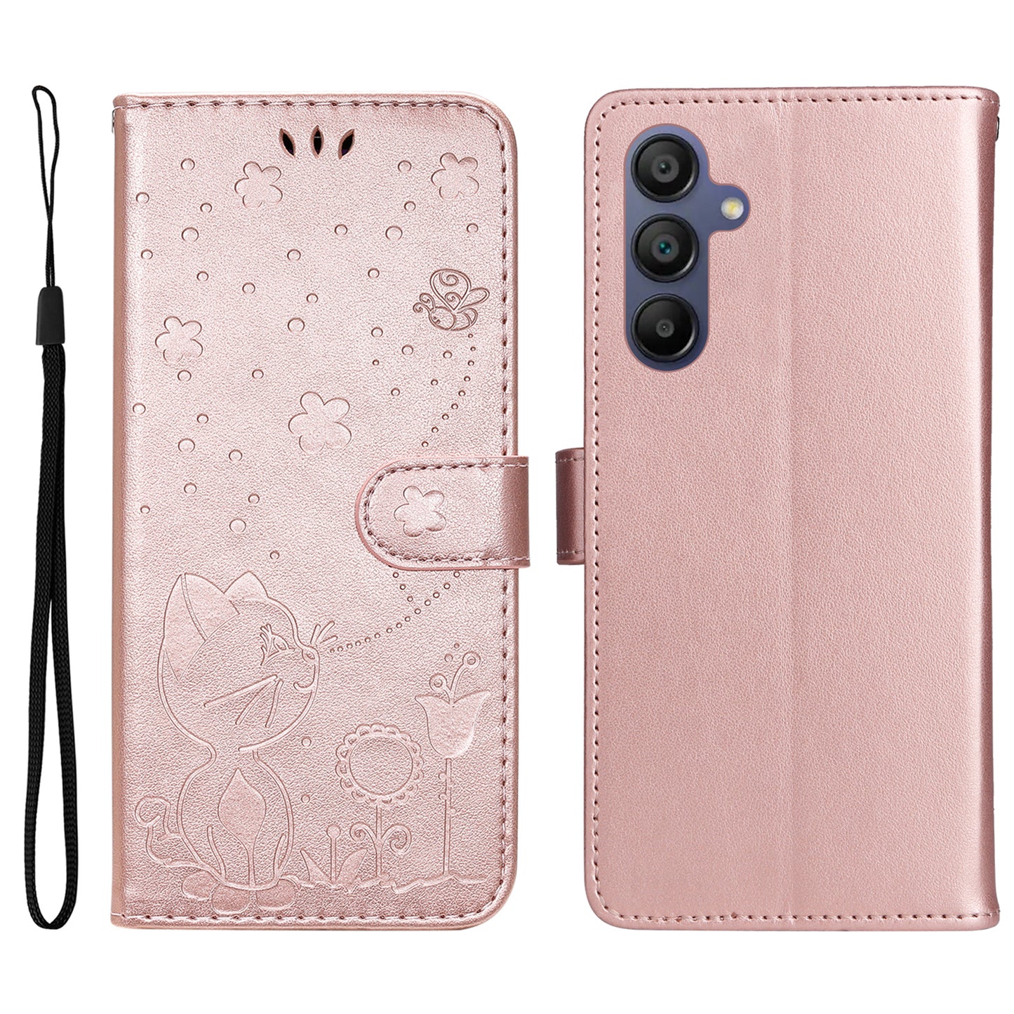 KT Imprinting Flower Series-4 For Samsung Galaxy A16 5G / A16 4G Case Cat Bee Pattern Flip Leather Phone Cover - Rose Gold