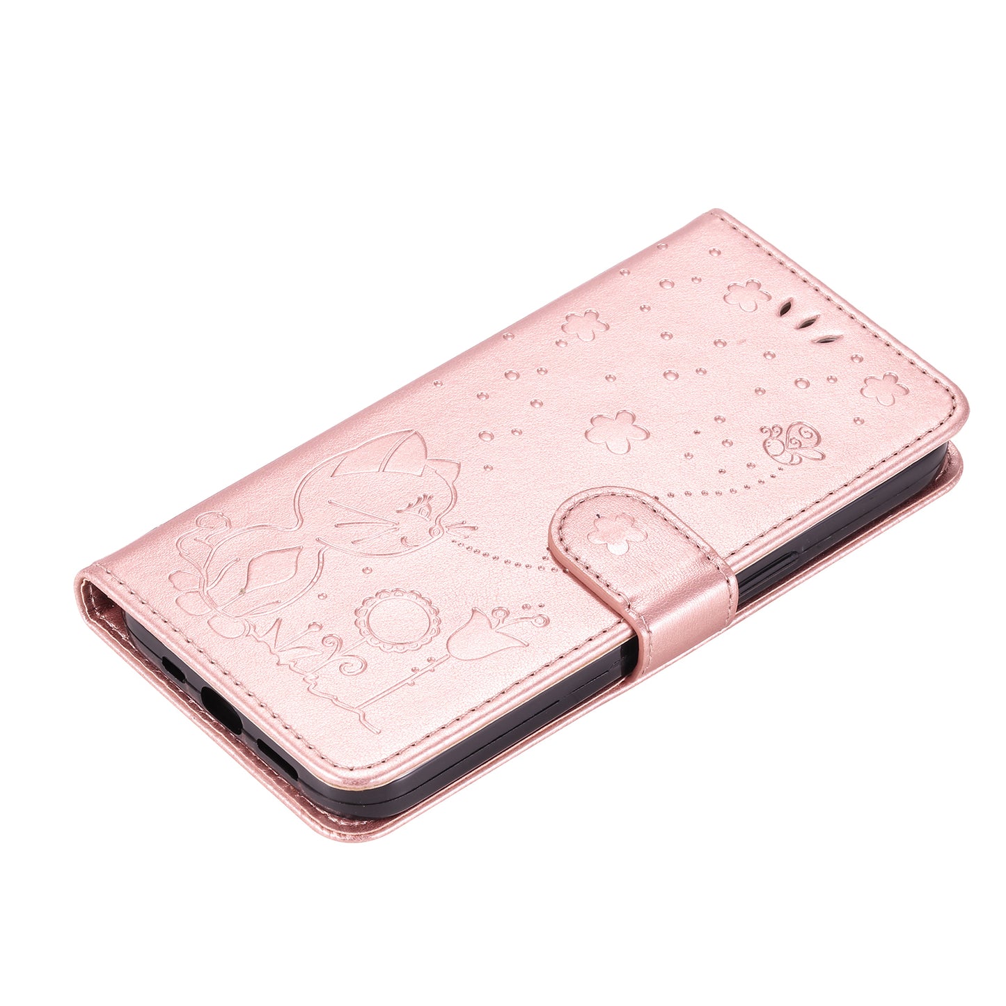 KT Imprinting Flower Series-4 For Samsung Galaxy A16 5G / A16 4G Case Cat Bee Pattern Flip Leather Phone Cover - Rose Gold