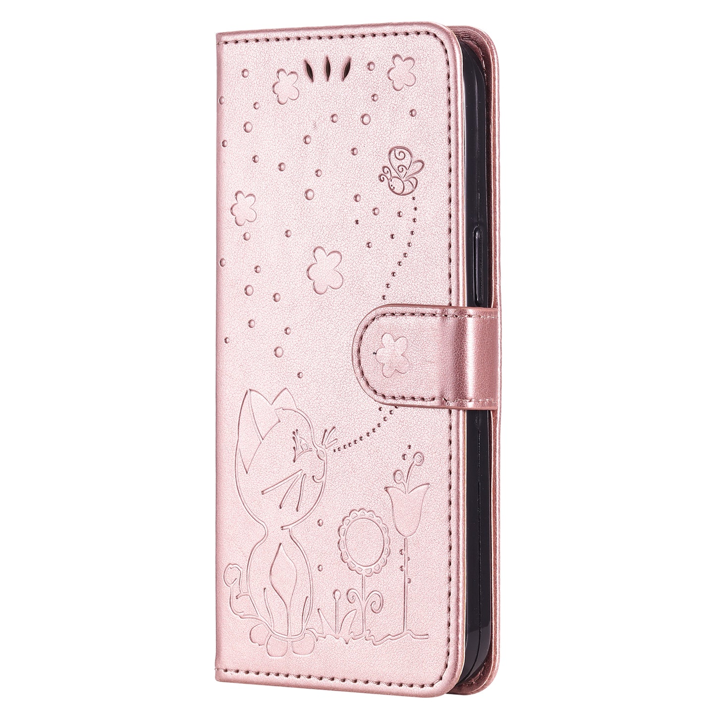 KT Imprinting Flower Series-4 For Samsung Galaxy A16 5G / A16 4G Case Cat Bee Pattern Flip Leather Phone Cover - Rose Gold